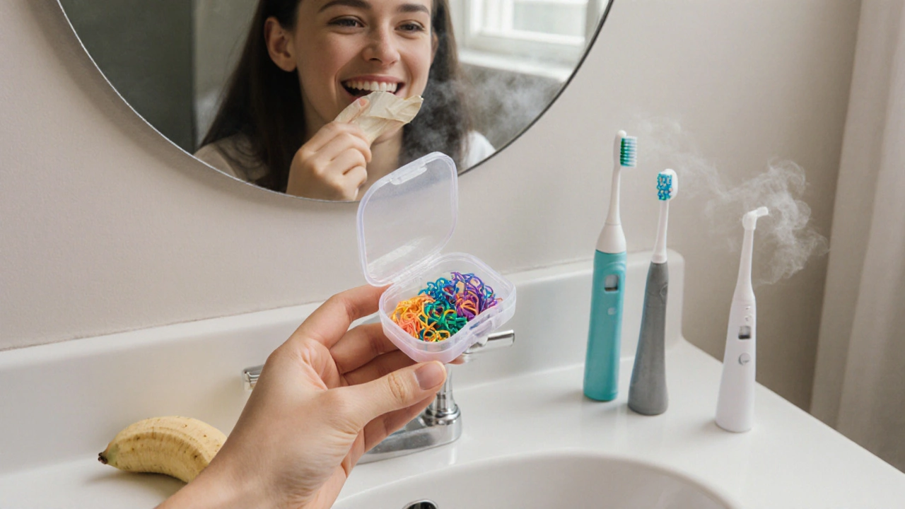 Ruka drží krabičku s gumičkami na koupelně s kartáčkem a vodním fťáčkem.