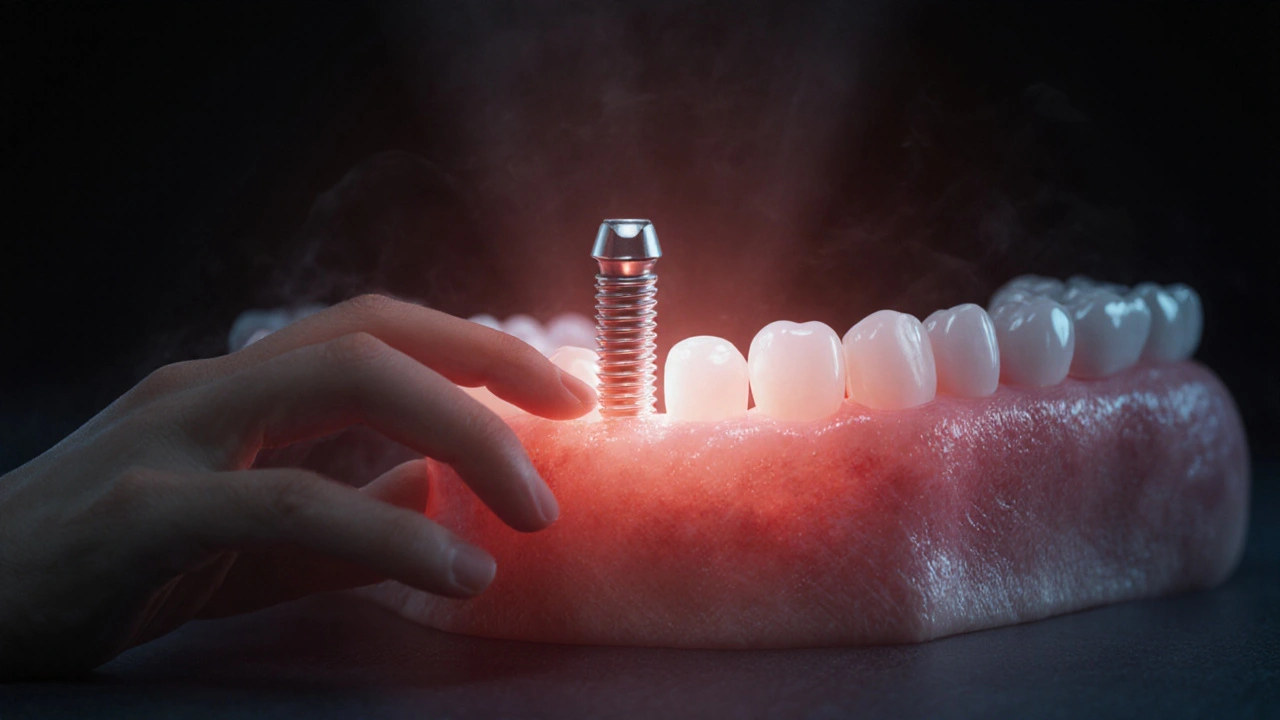 Rukou dotýkající se implantátu, kolem něj se šíří průhledná červená mlha zánětu.