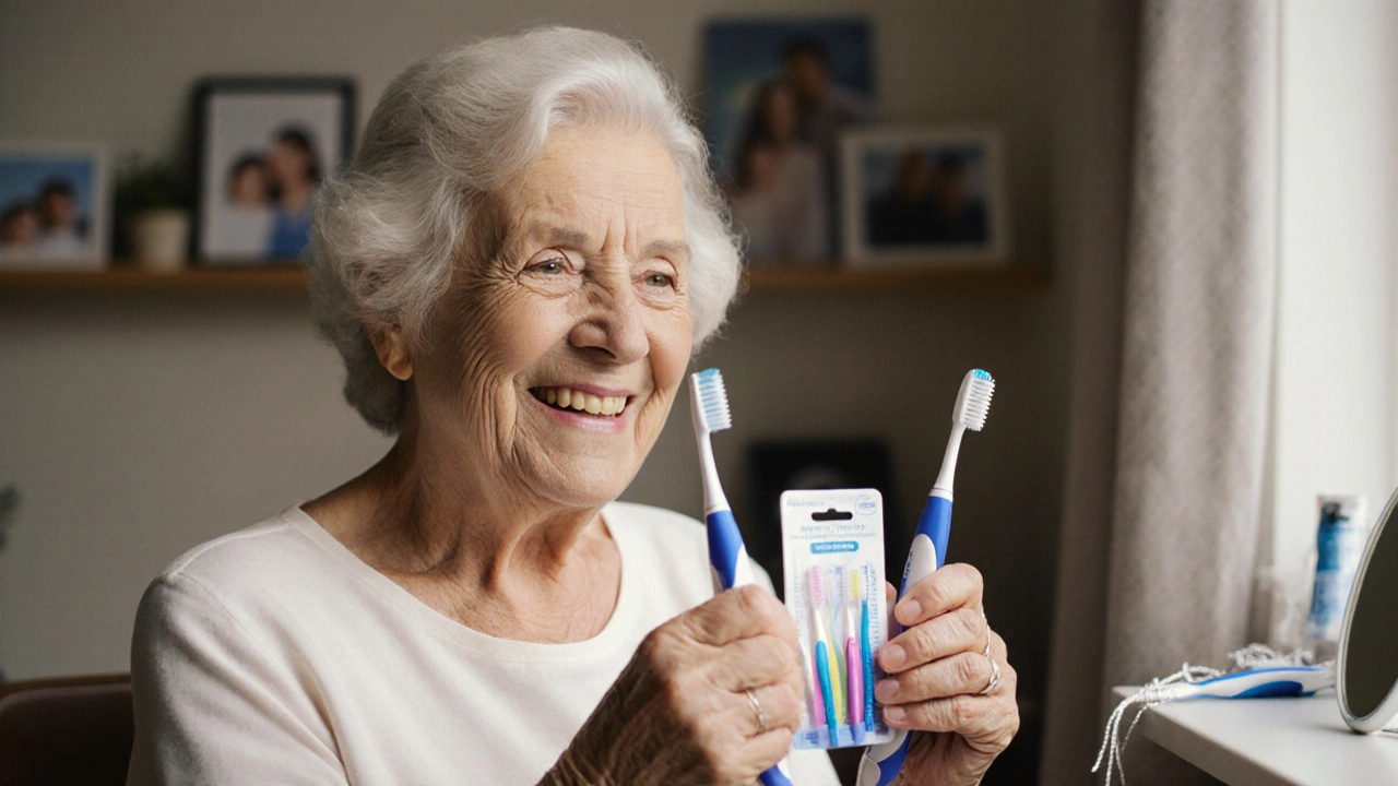 Stará žena drží mezizubní kartáčky vedle zubního kartáčku.