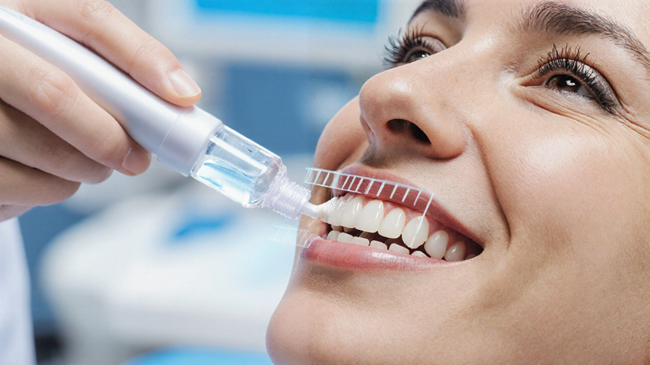 Stomatolog provádí broušení zubů jemným ultrazvukovým nástrojem.