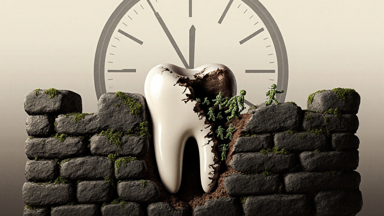 Symbolický obrázek zubu jako hrady: jedna strana pokrytá kamenem, druhá zřídková a rozpadající se.