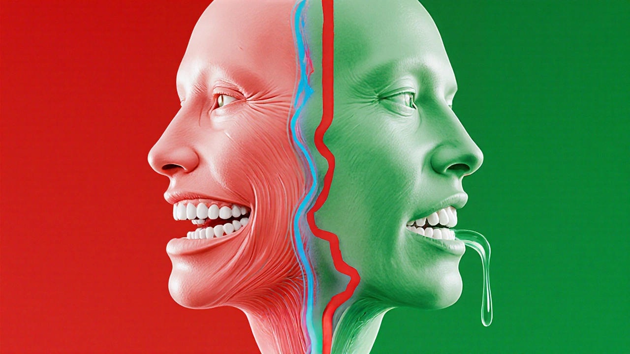 Symetrický obraz čelisti: jedna strana poškozená, druhá zdravá, spojená tokem slin.