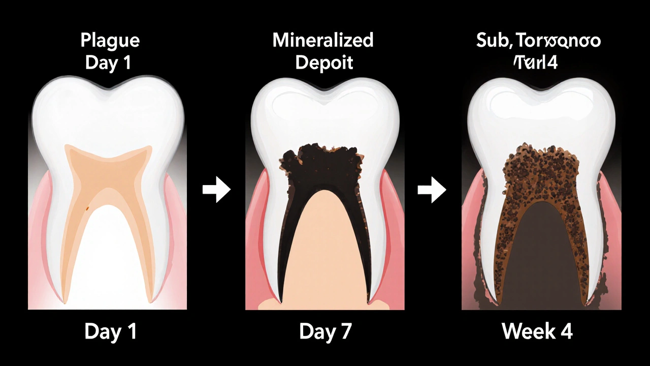 Tři obrázky ukazující vývoj plaku na zubech do černého zubního kamene.