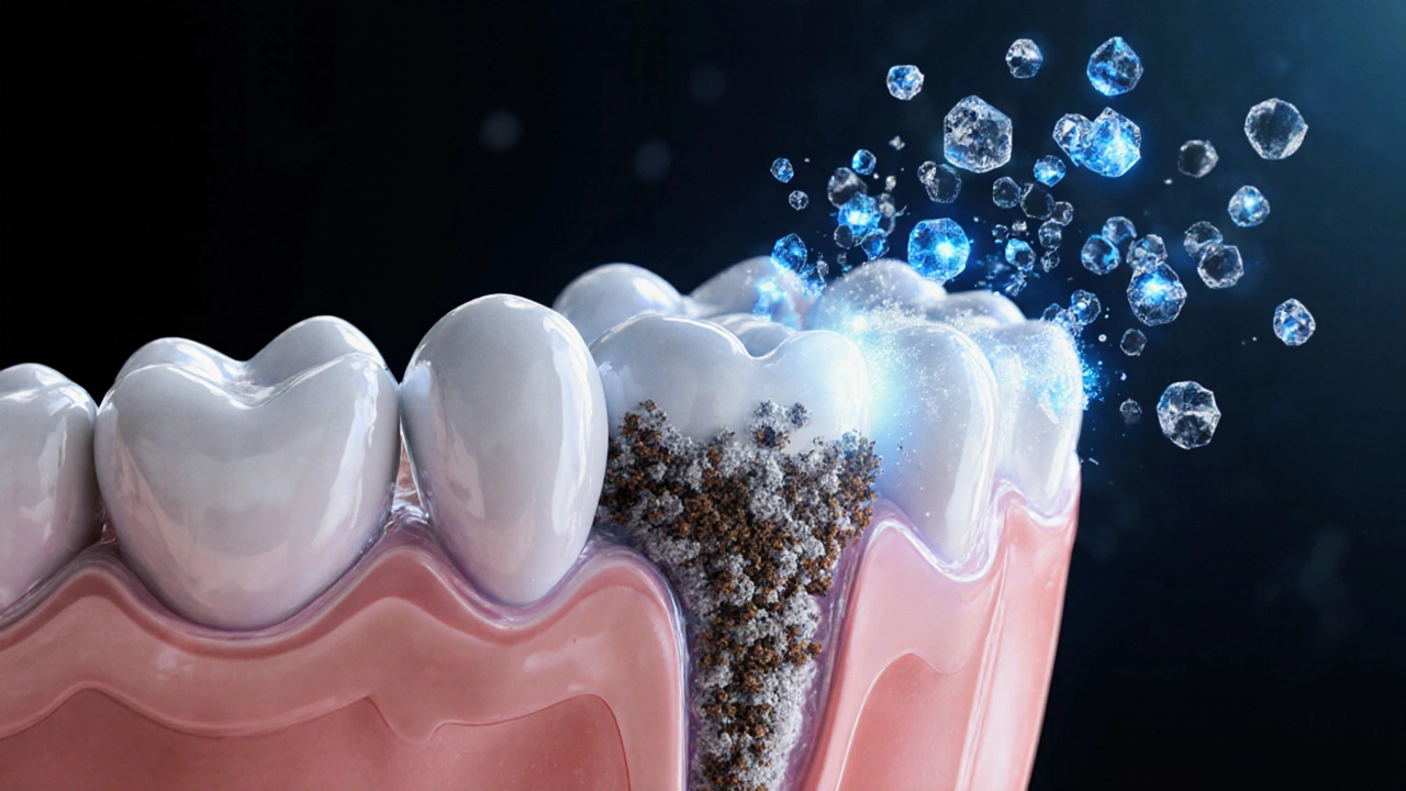 Vnitřní pohled na rozklad skvrn v zubní sklovine při působení peroxidu, s ochrannými látkami ve formě zářících částic.