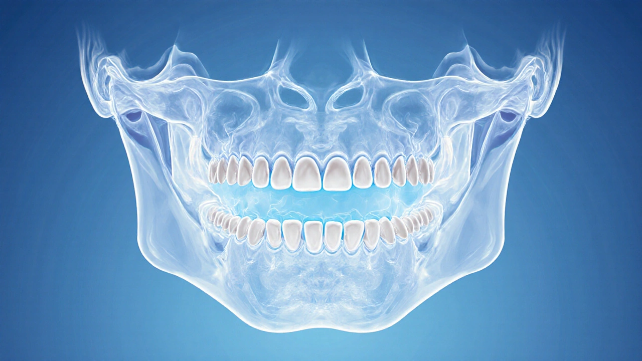 Vnitřní vývoj zubů v čelisti s mezerou mezi zoubky jako znak zdravého růstu.