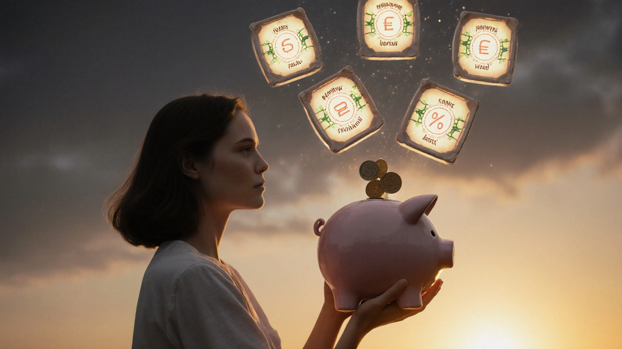 Žena drží pokladničku, nad ní plavou keramické fazety s popisky finančních možností.