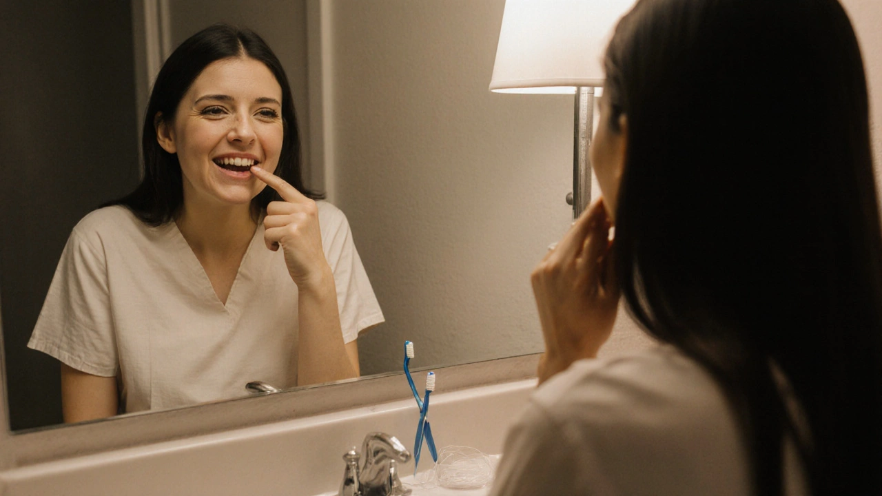 Žena se dívá do zrcadla a dotýká se tmavé skvrny na zubu, na stole jsou kartáček a nit.