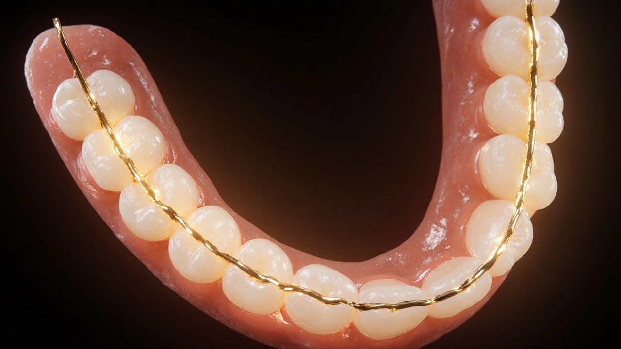 Zlatý drát chrání zuby před posunutím, zatímco jiné zuby se vrací do původního špatného uspořádání.