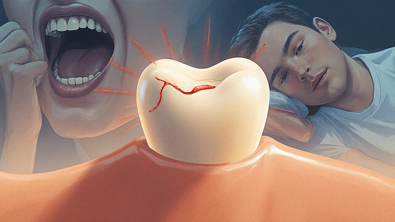 Zub s příliš vysokou plombou a viditelným tlakem, s obrazem tření zubů v pozadí.