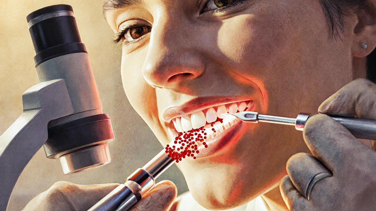 Zubař odstraňuje kaz zubu pod mikroskopem, viditelné bakterie.