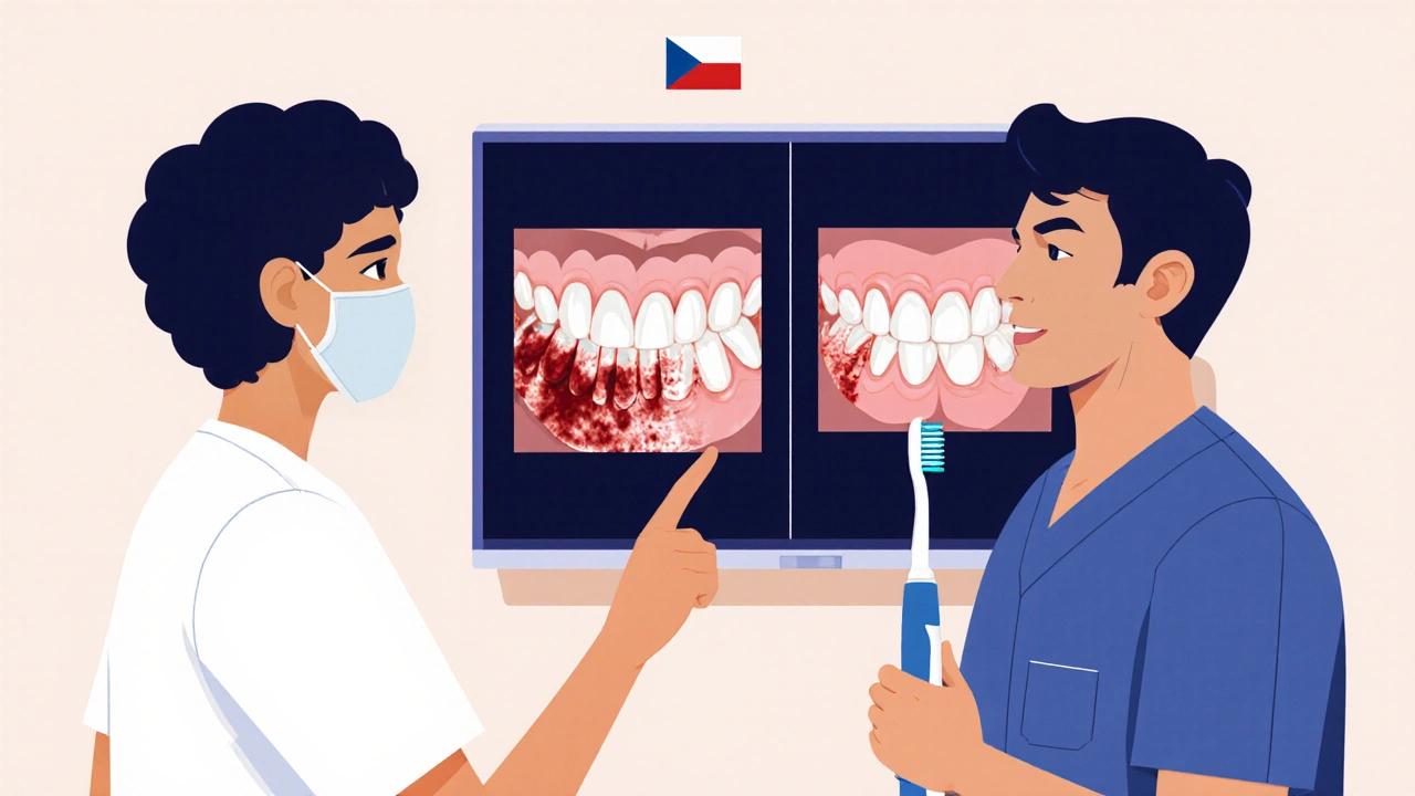 Zubní lékař ukazuje pacientovi na monitoru rozdíl v plaku před a po použití Curaproxu.