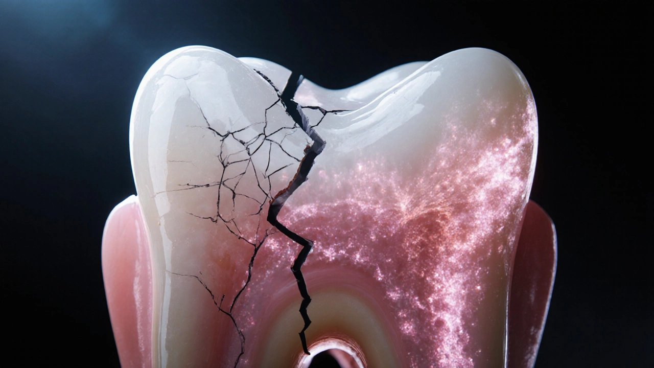 Zvětšený pohled na prasklinu v zubu s příznaky zánětu směřujícího ke kořeni.