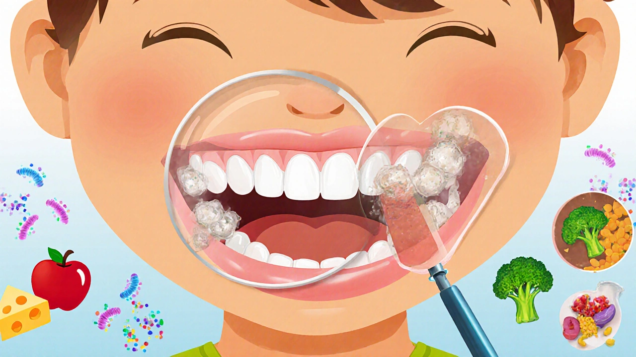 Zvětšený pohled na zubní kámen na molárech a zdravé potraviny