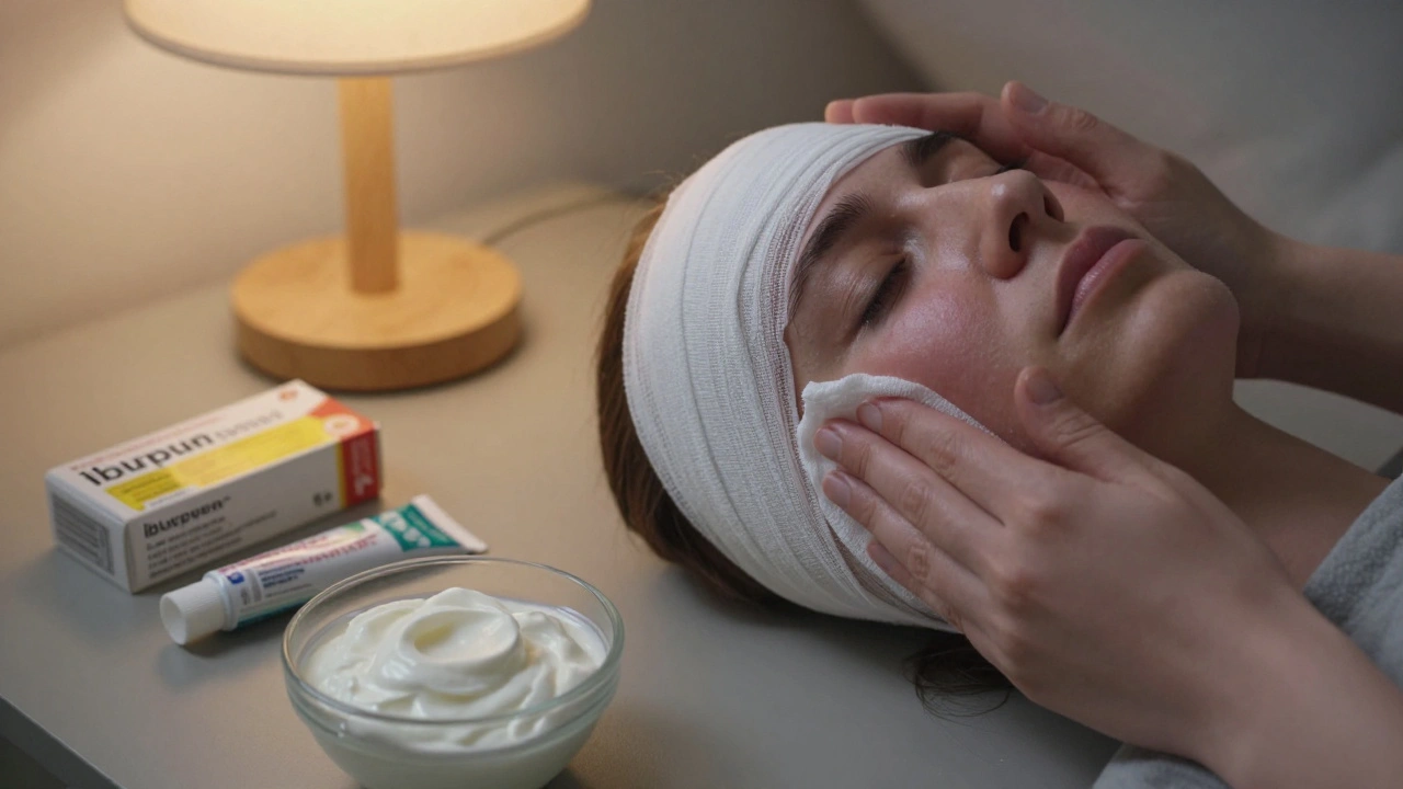 Chladný obklad na tváři s léky a měkkou potravou na stole.