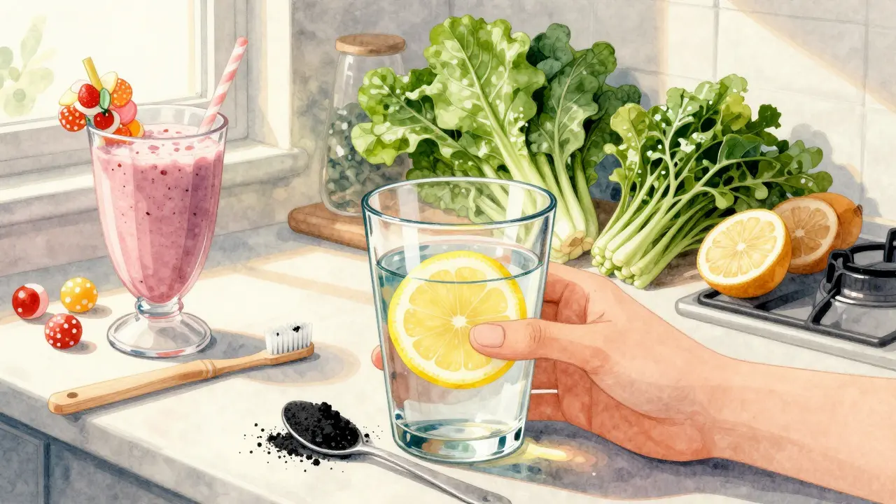 Člověk s vodou s citronem a aktivním uhlím, okolo zdravé a nezdravé potraviny.