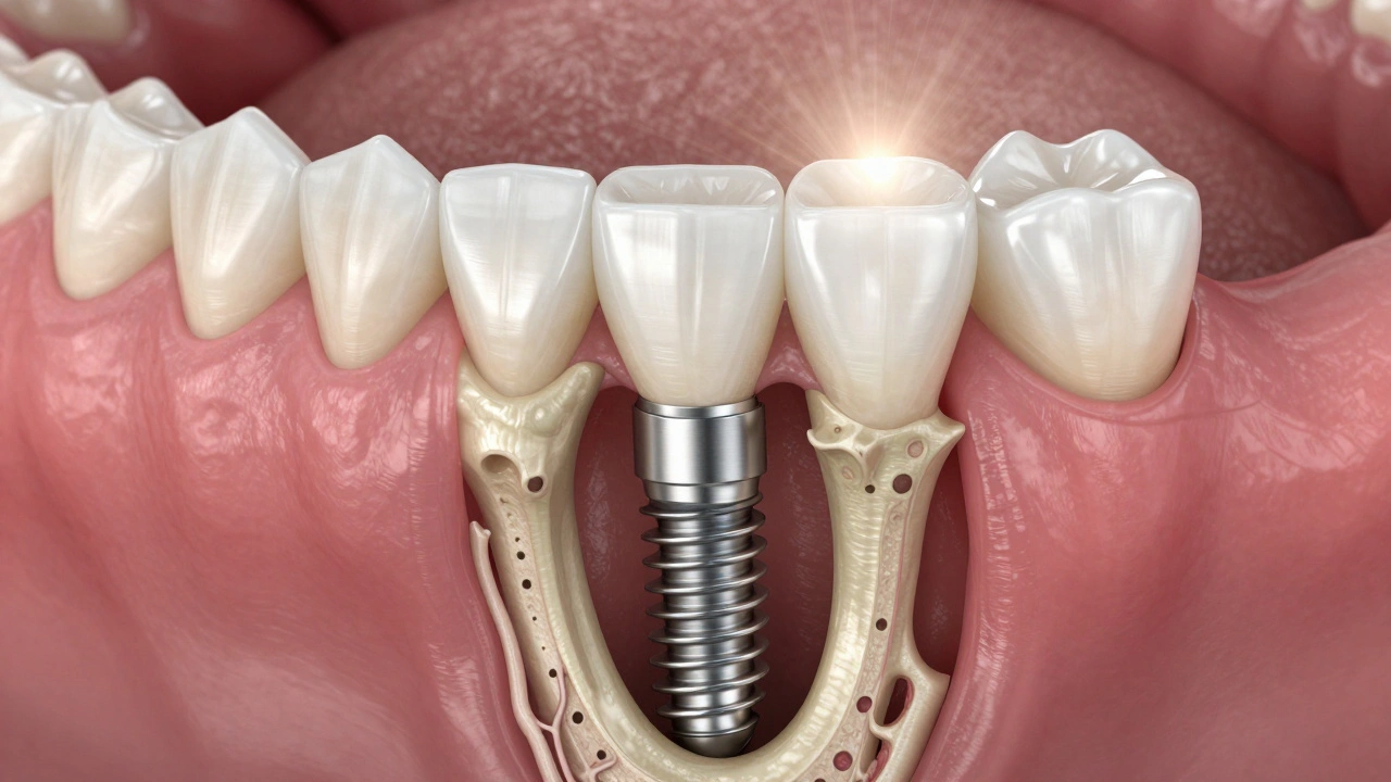 Cross-section of jawbone with dental implant and zirconia crown integrated into healthy gum tissue.