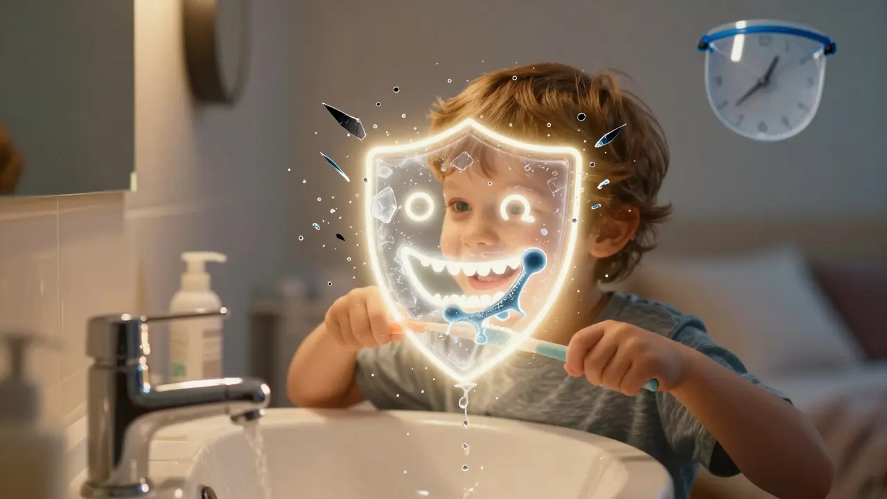 Dítě čistí zuby, kolem úsměvu se tvoří štít z minerálů, odrazující led a kyseliny.