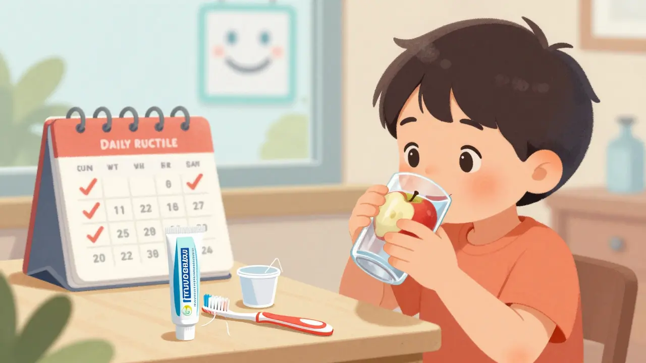 Dítě pije vodu po jídle jablka, vedle něj kartáček a nitě – symbol prevence zubního kameně.