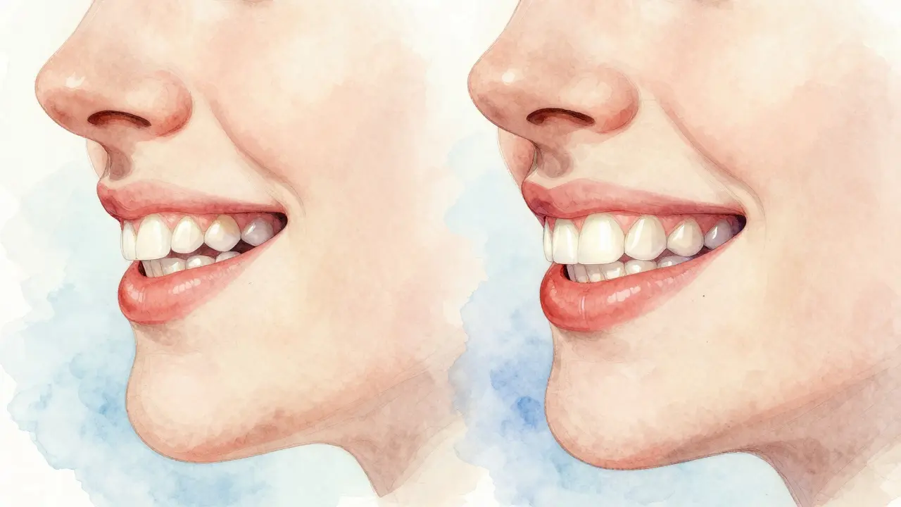 Dva portréty úsměvu: křivé zuby a stejné zuby po aplikaci fazet, v měkkém vodové malířském stylu.