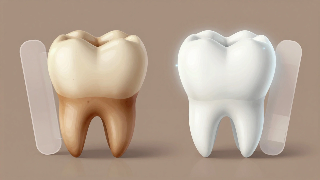 Dva zuby vedle sebe: jeden tmavý, druhý bělý, znázorňující účinek bělicího gelu.