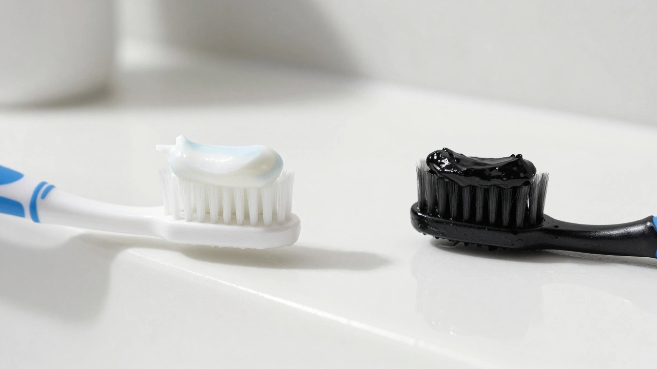 Dvě zubní kartáčky s různými pastami: bílá účinná a černá neúčinná.