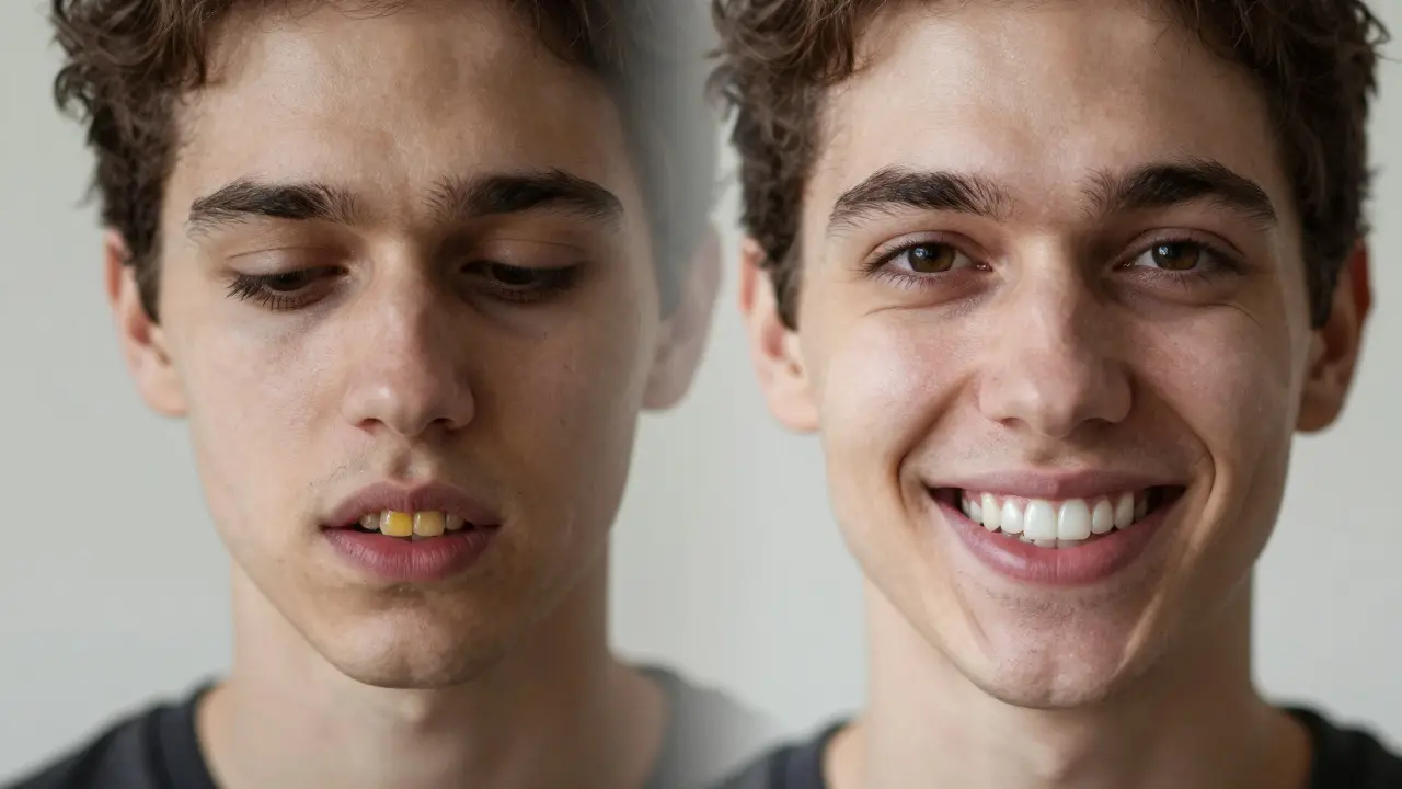 Dvojí portrét: jedna strana s tmavými zuby, druhá s bílými – přechod od nejistoty k sebevědomí.