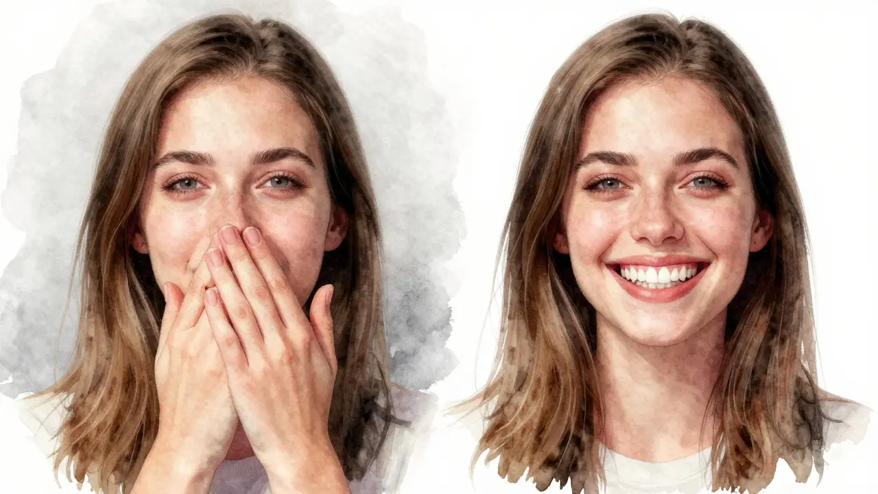 Dvojice obrázků: žena skrývá ústa před a po aplikaci zubních fazet.
