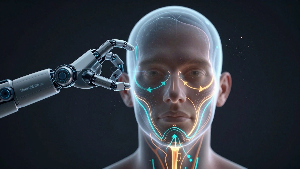 Holografický model obličeje s robotickým vedením cesty pro operaci.