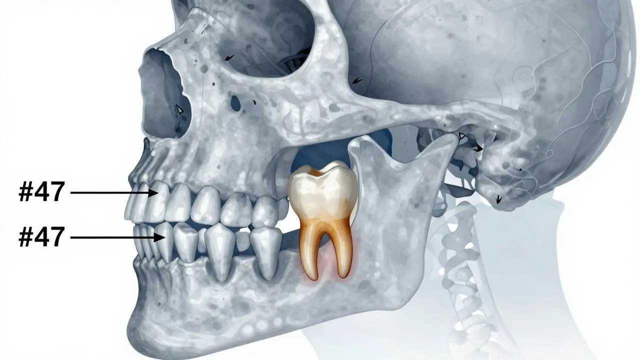 Impaktovaný moudrostní zub tlačící na sousední zub pod dásní, s rentgenovým přehledem.
