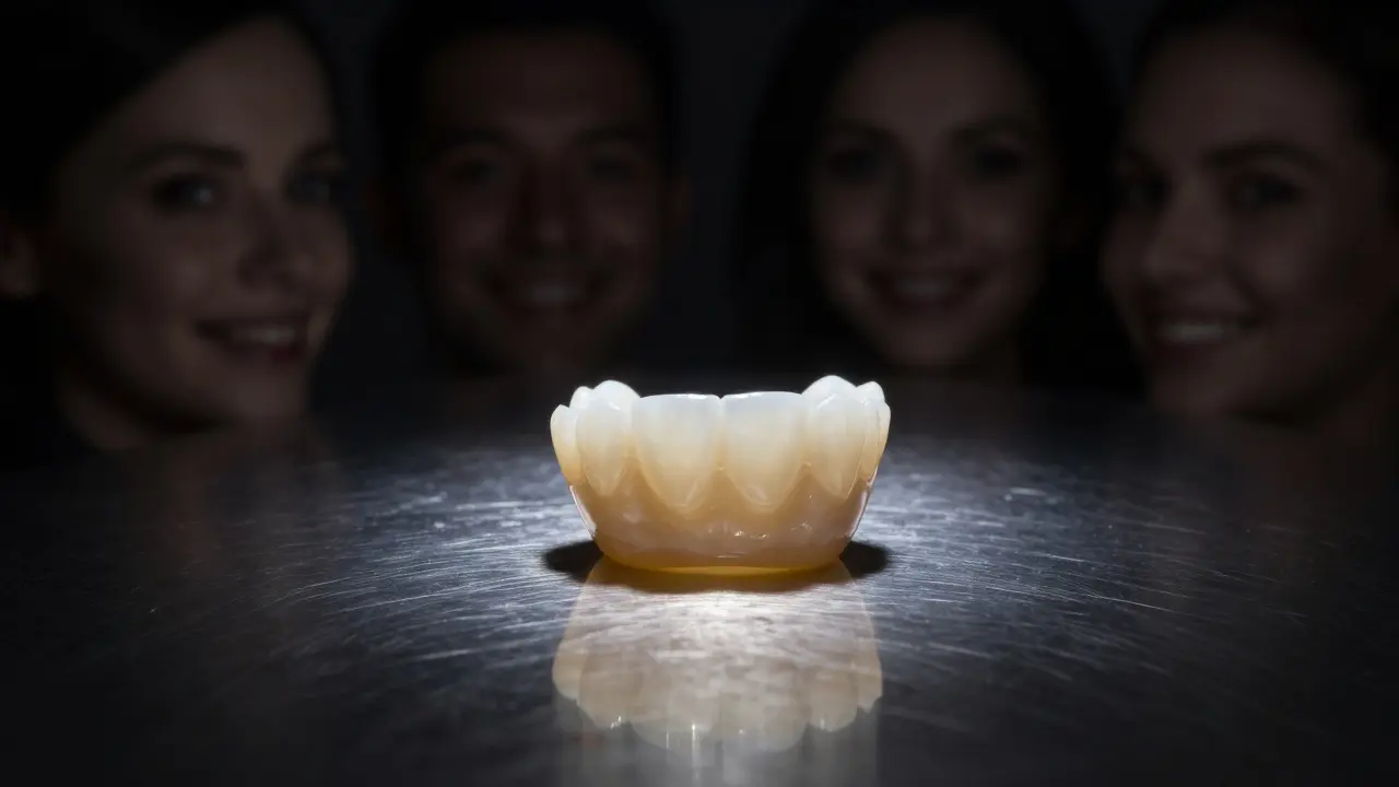 Keramická zubní fazeta na ocelovém povrchu s odlesky úsměvů v pozadí.