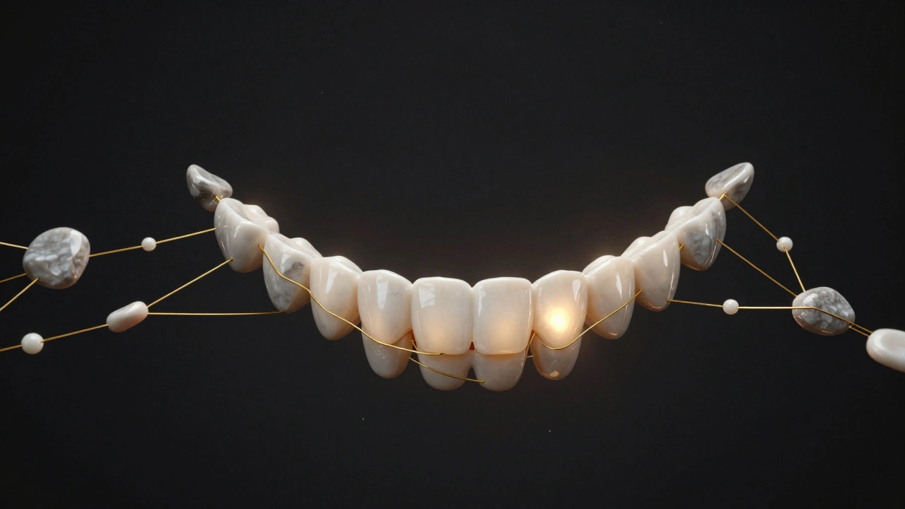 Konceptuální obrázek úsměvu jako mostu z keramických prvků.