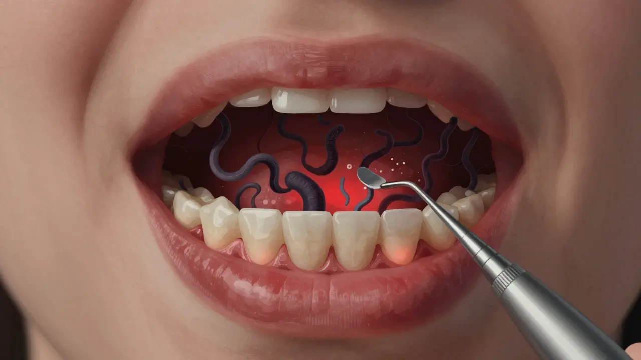 Křížový řez ústní dutiny ukazující bakterie pod zubním kamenem a zánět dásní.