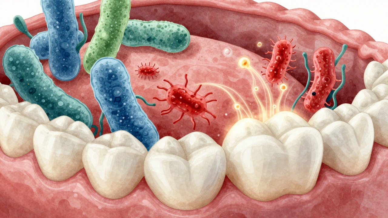 Mikroskopický pohled na vyvážené bakterie v ústech, kde přírodní oleje potlačují plak.