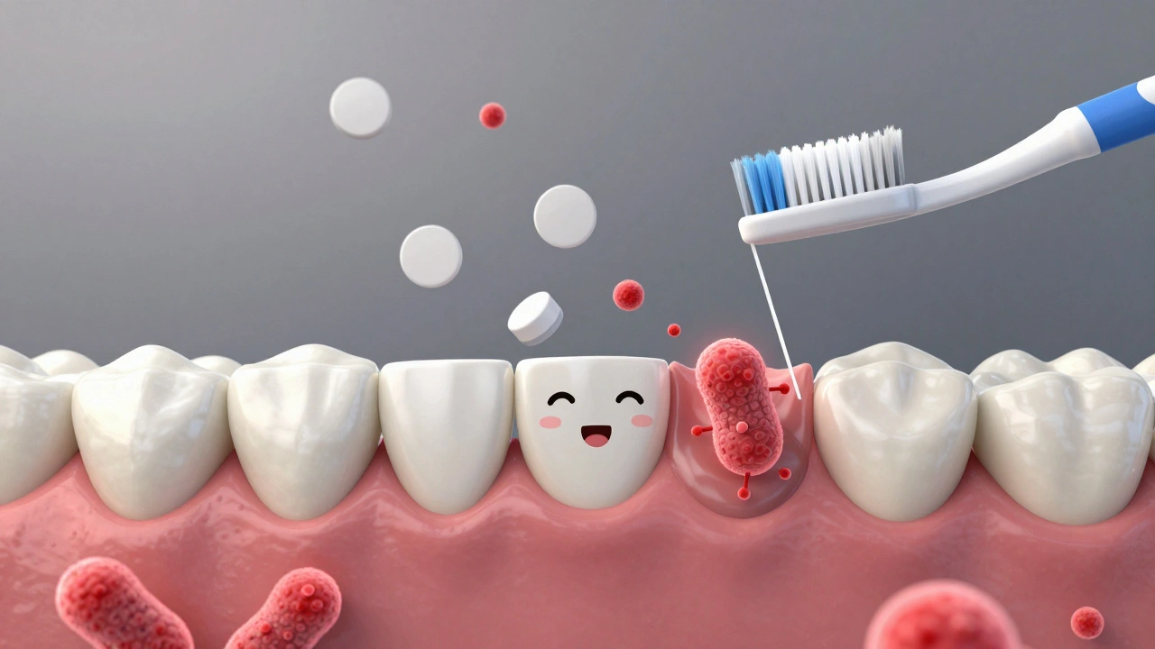 Mikroskopický pohled na zubní plak s bakteriemi, zatímco štětec a nit odstraňují plak, homeopatické tablety jsou v pozadí.