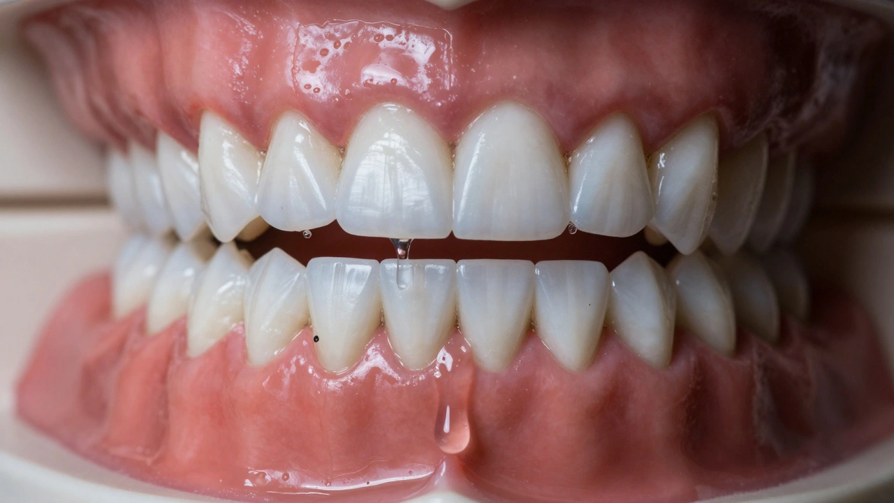 Nerovnoměrně bělící se zuby na modelu s gelovým vytékáním na dásně.