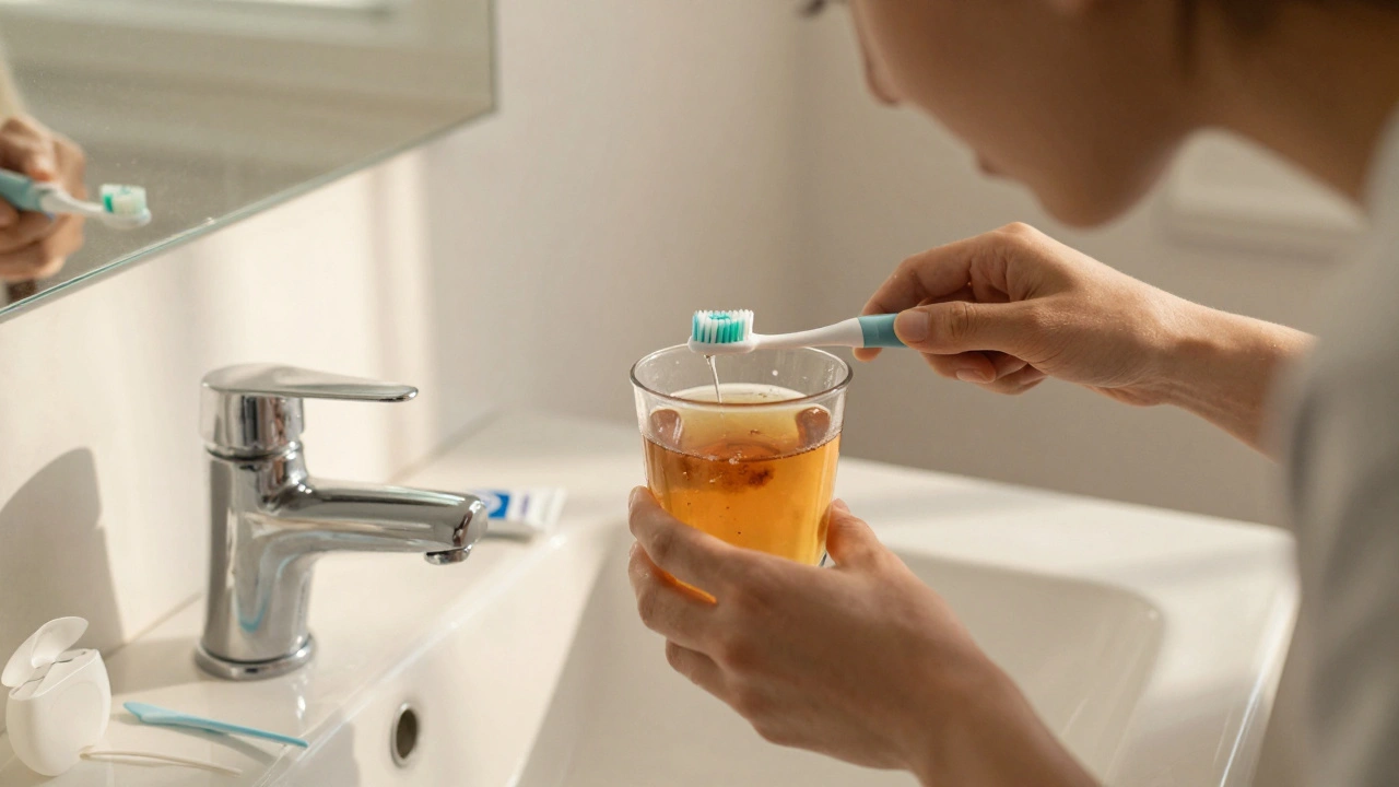 Osoba čistí si zuby po čaji s elektrickým kartáčkem