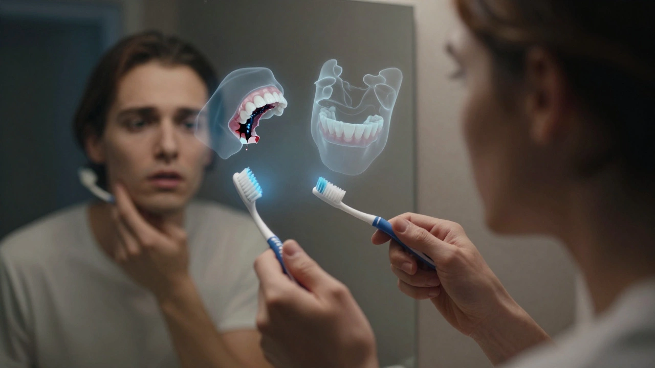 Osoba hledí do zrcadla, zatímco za ní plavou představy poškození zubů.