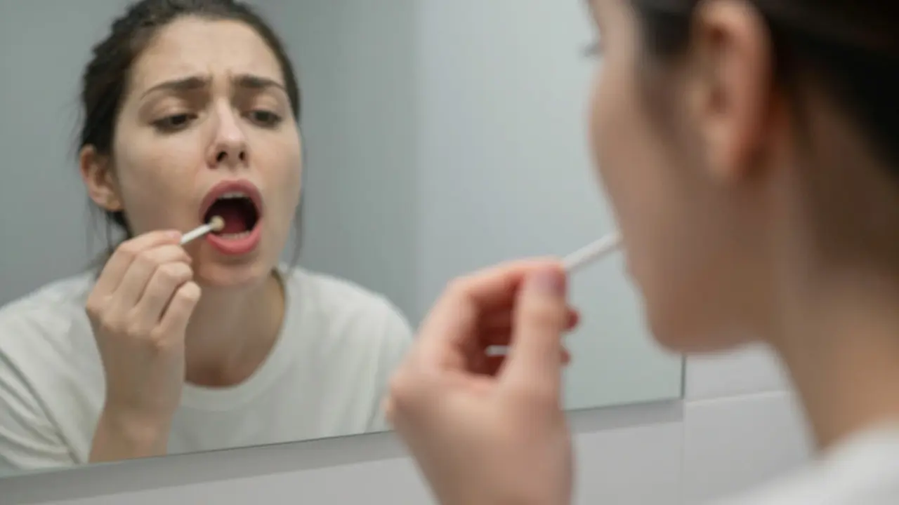 Osoba s otokem dásně na pozadí zrcadla, kde je vidět příznaky prorážejícího zubu 48.