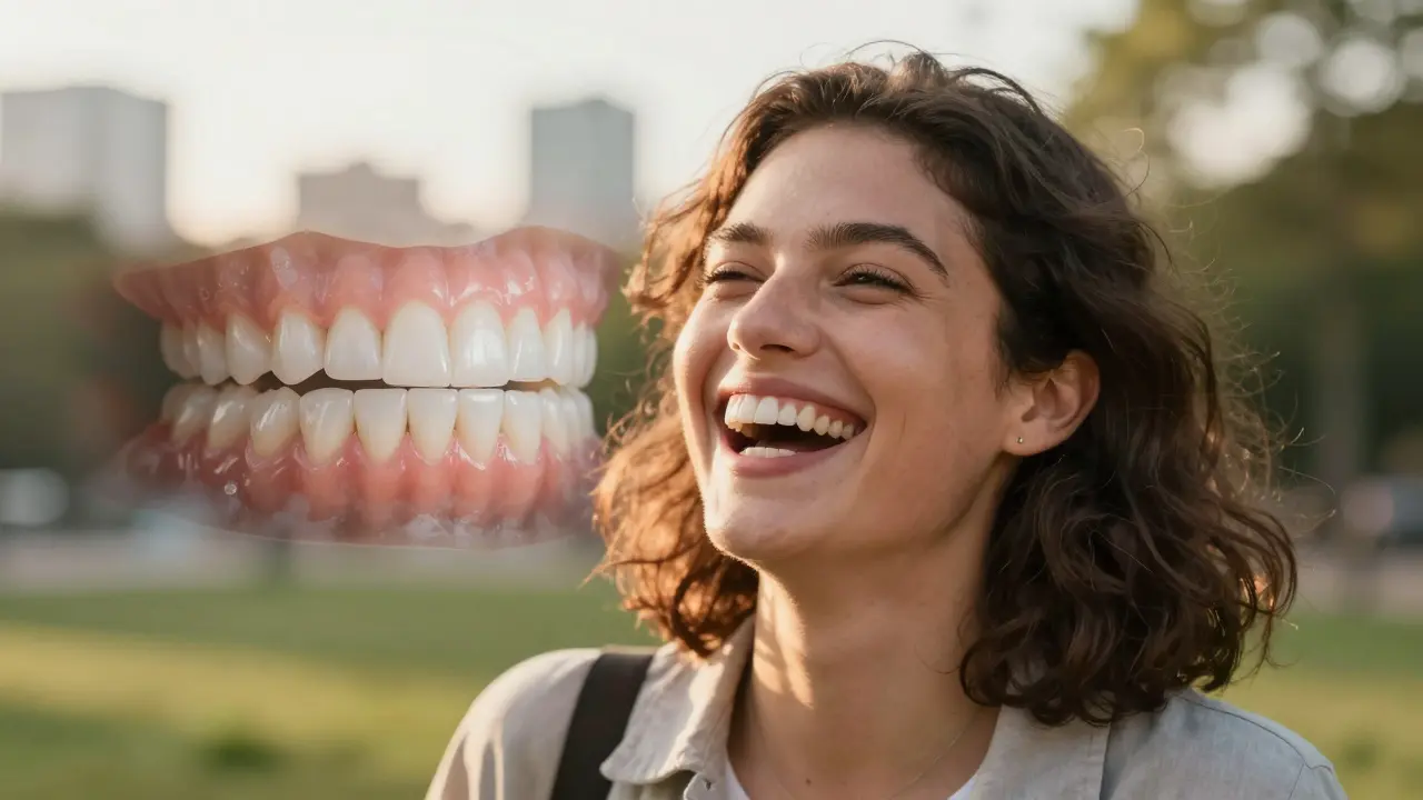 Osoba se zářivým úsměvem v parku, kde její nové zuby vypadají přirozeně, jako by vždycky byly dokonalé.