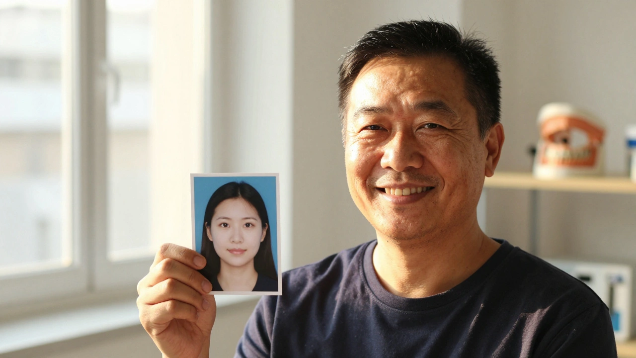 Pacient po rekonstrukci čelisti se směje, drží fotku z před operací.