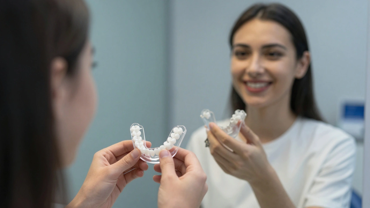 Patient holding partial denture while seeing a confident smile in the mirror.