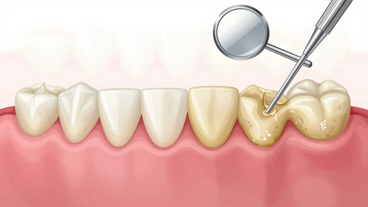 Porovnání čerstvého zubního plaku a ztvrdlého kameny na zubech.