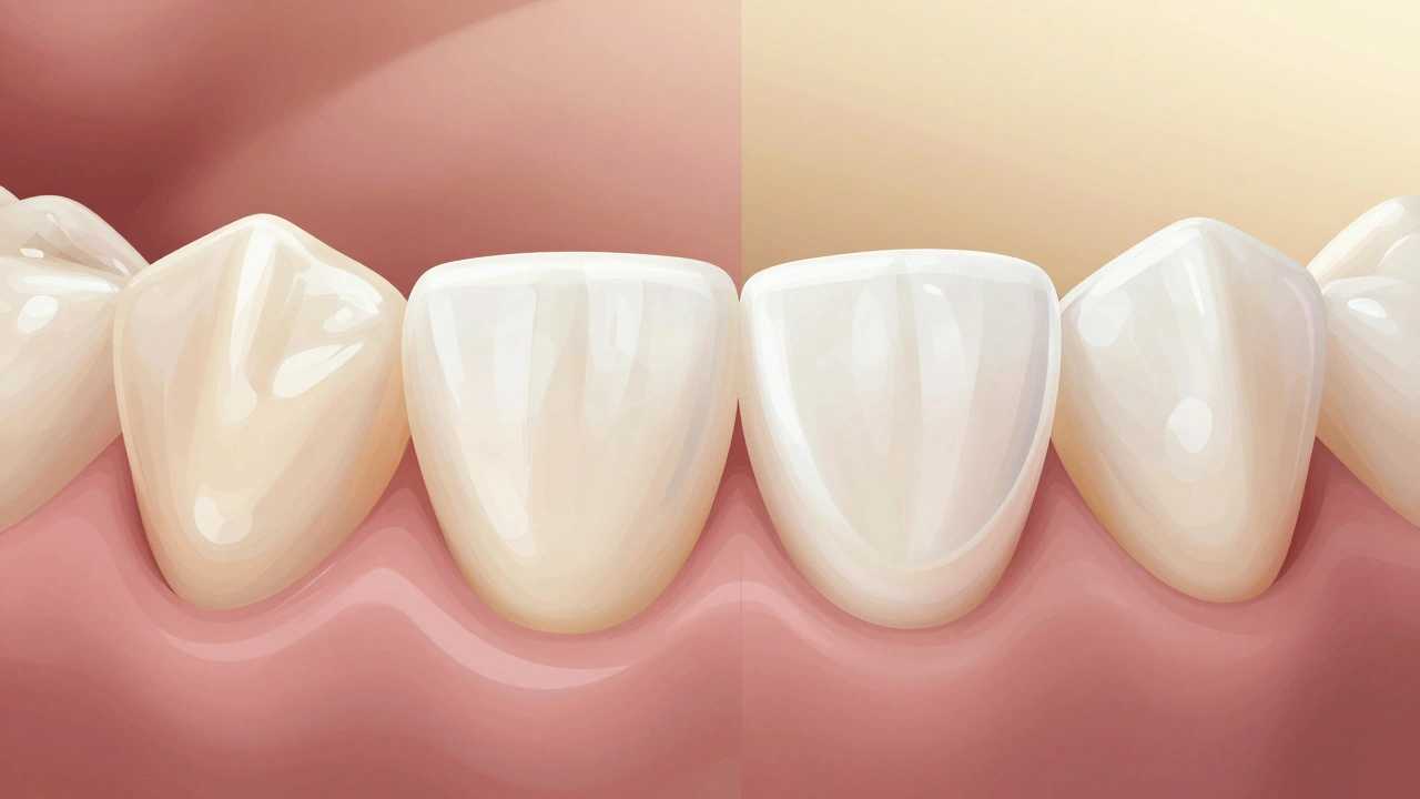 Porovnání před a po: přirozený zub a zub s keramickou fazetou.