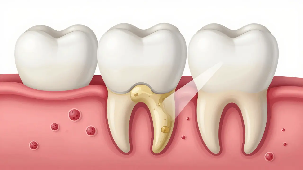 Příčný řez zubem s kamenem pod dásní a bakteriemi, s čistou plochou po očištění.
