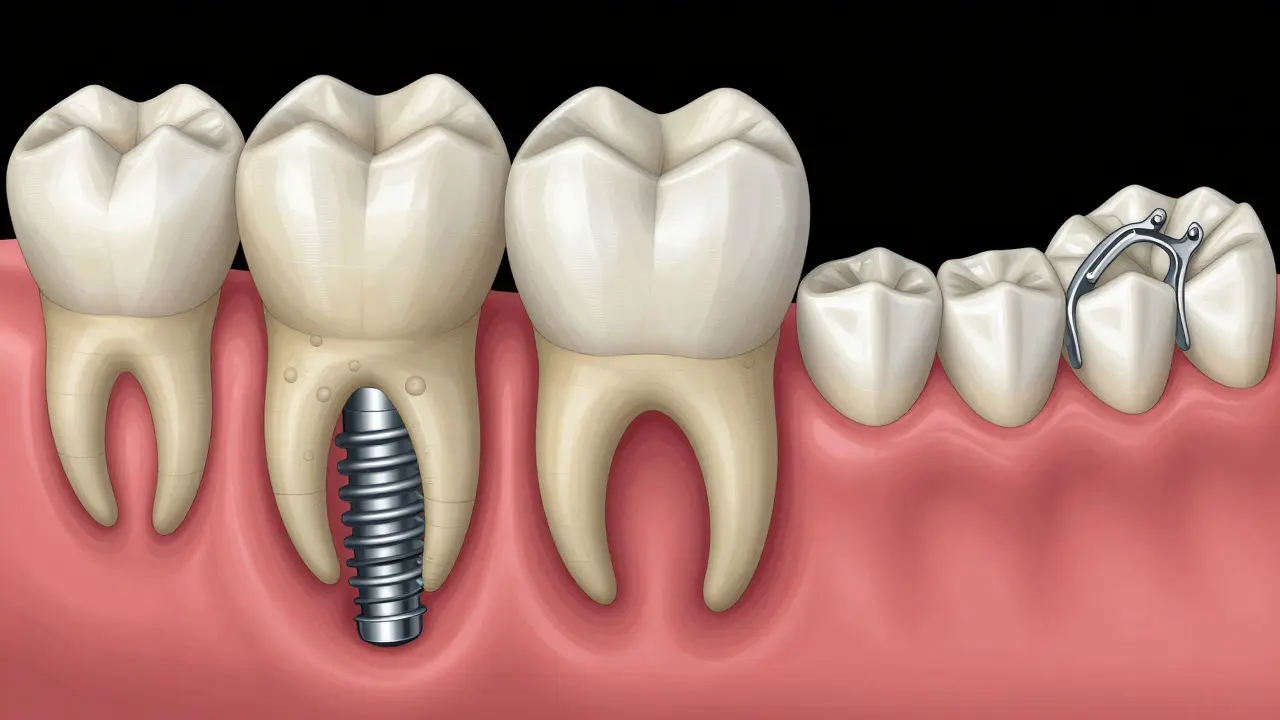 Průřez čelisti s třemi typy náhrad zubu: implantát, most a protéza.
