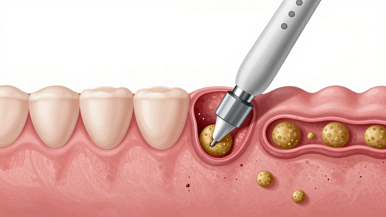 Průřez dásně s skrytým zubním kamenem a zánětlivou tkání.