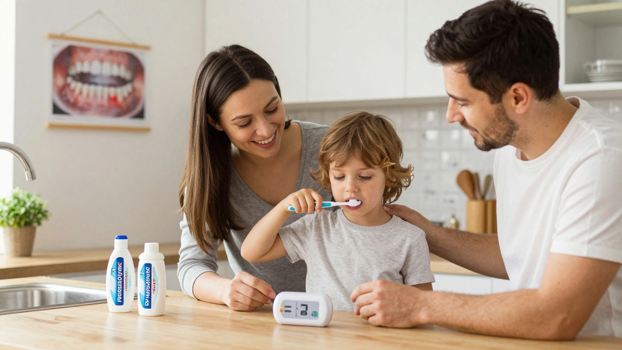Rodina pomáhá dítěti čistit zuby s časovačem a zubní pastou na pozadí.
