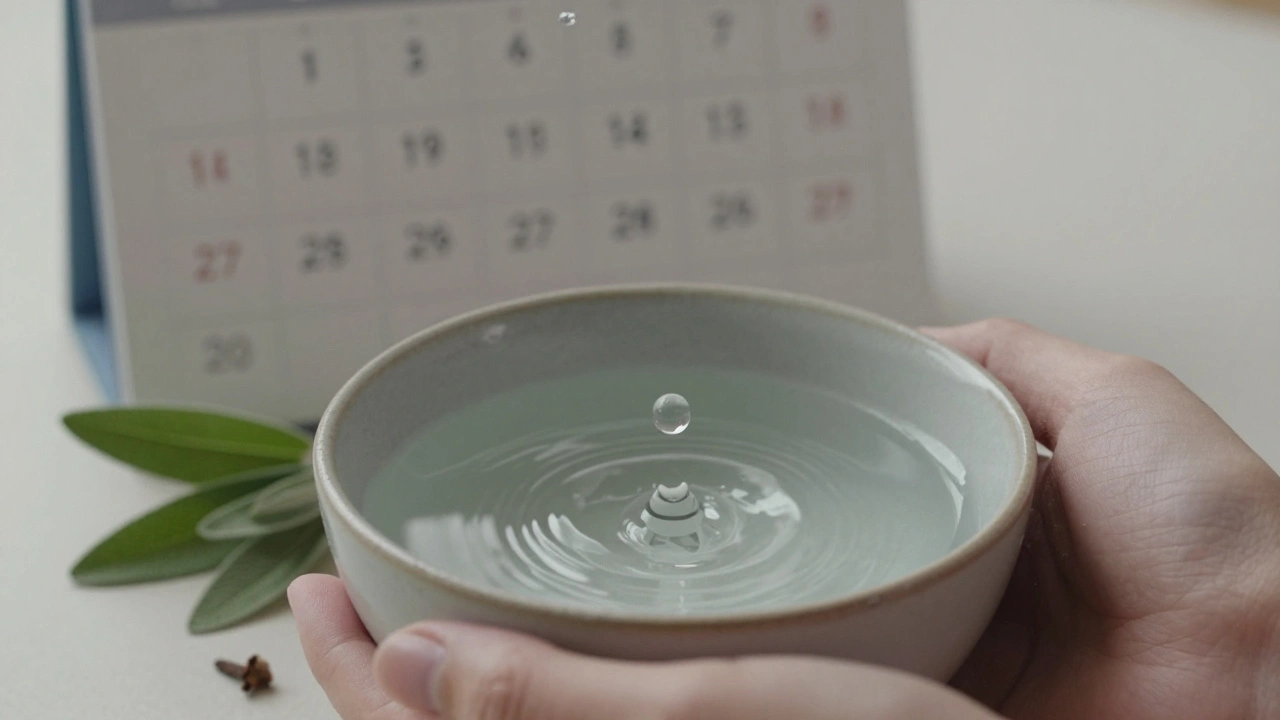 Rozplývající se kapka esenciálního oleje ve vodě s výraznými siluetami zubů a dásní.