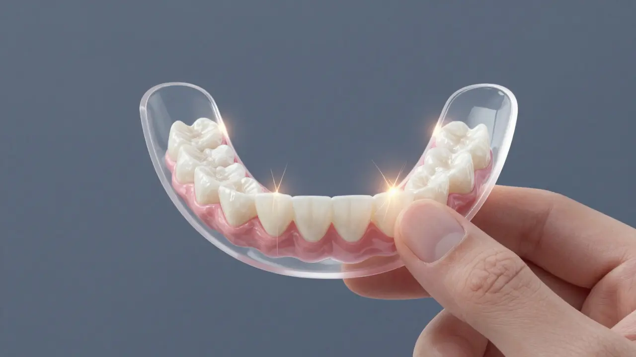 Ruka drží průhlednou zubní šablonu s bělícím gelem, který proniká do skloviny.