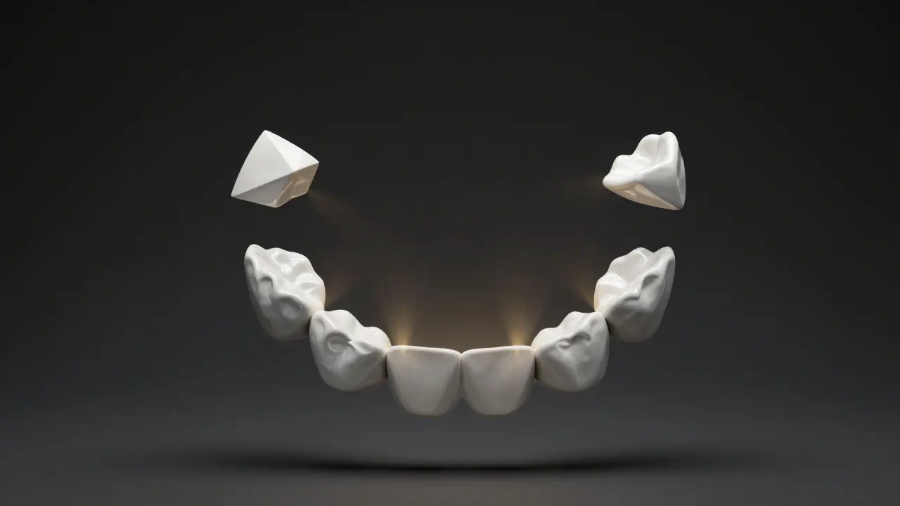 Šest keramických fazet ve tvaru geometrických prvků, které vizuálně opravují křivosti zubů, leží ve vzduchu.
